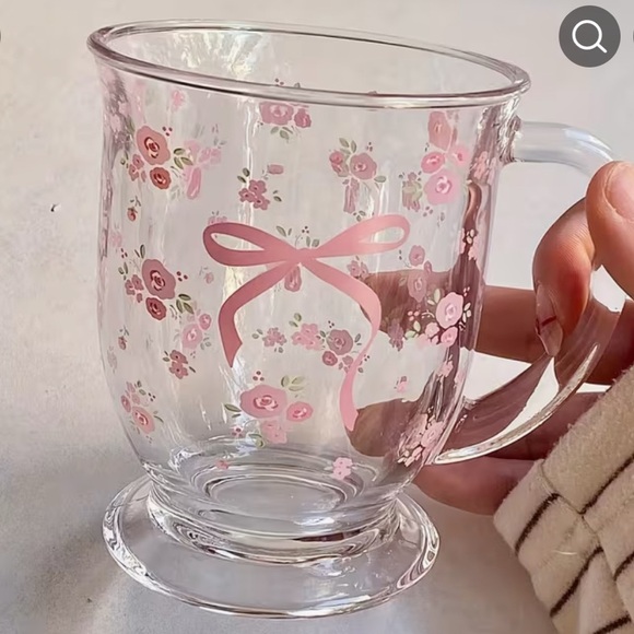 Other - Floral Glass Mug with Pink Bow Design